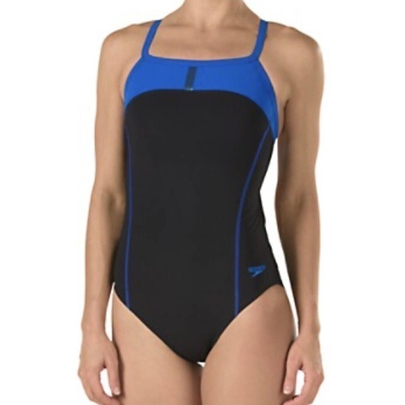 SPEEDO Bolt Splice Drill Back Swim Suit‎ BLUE Womens Sz 2 28 - Picture 1 of 7